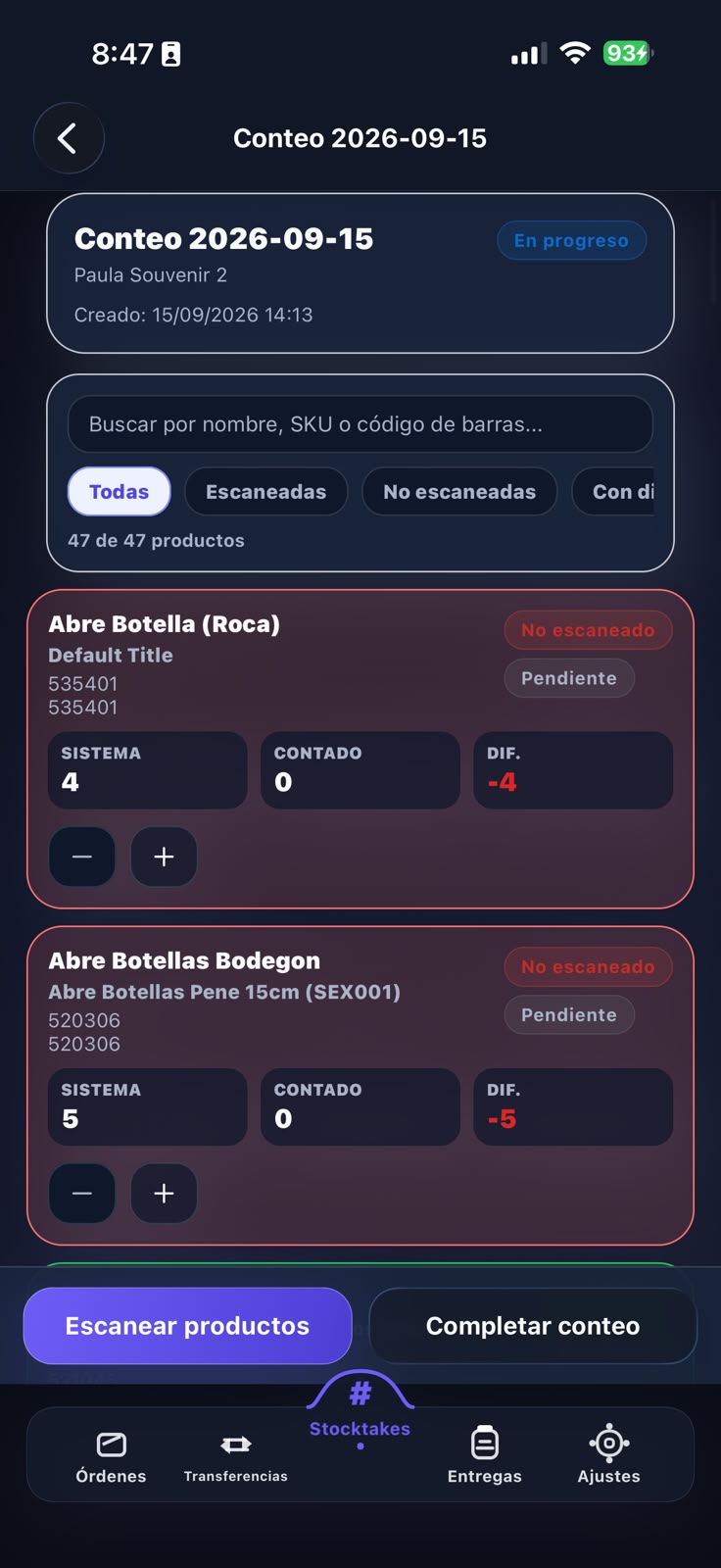 Mobile app: count with product scanning and differences