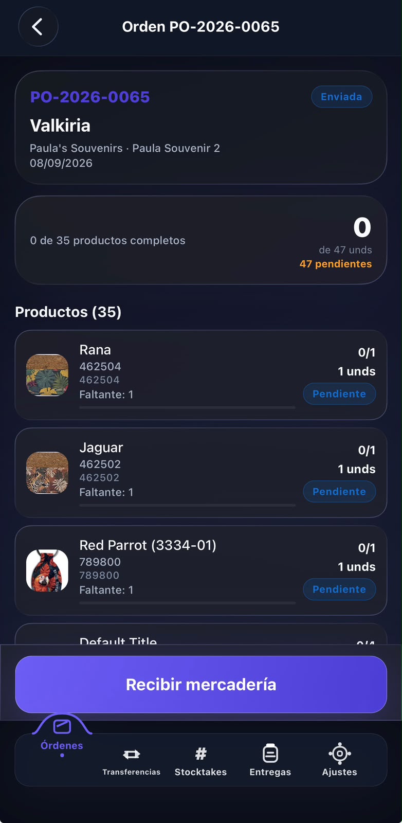 Mobile app: purchase order detail with goods receiving